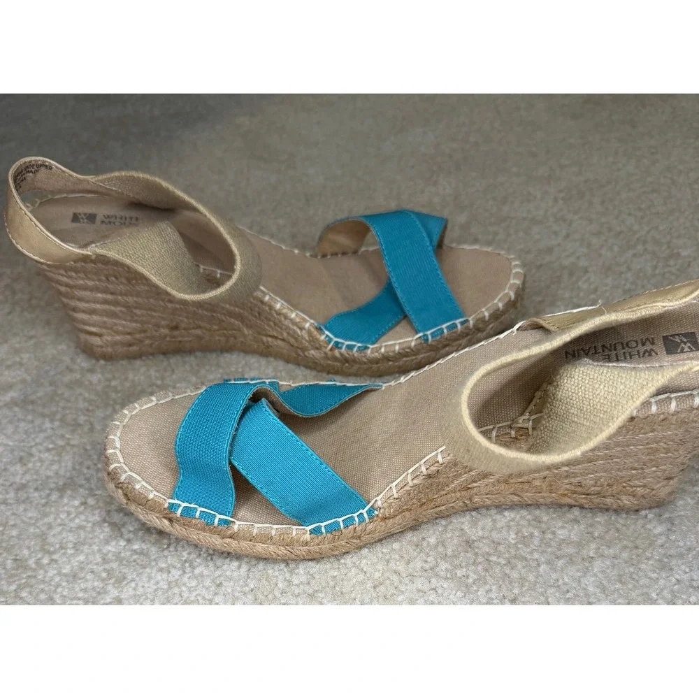 White‎ Mountain Laughline Teal Blue Tan Espadrille Wedge Sandals Womens 9M